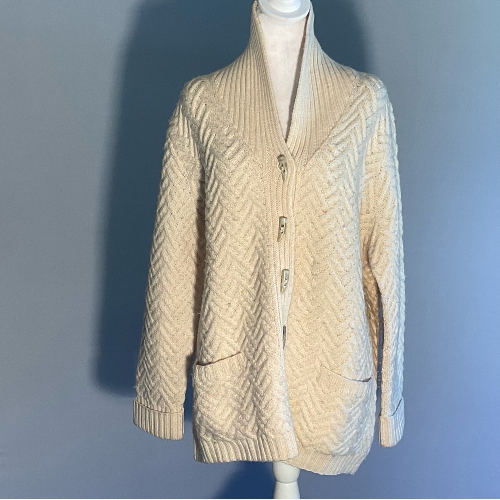 Nordic Design 100% Wool Shawl Collar Cardigan Cream Chunky Knit L - Picture 12 of 14